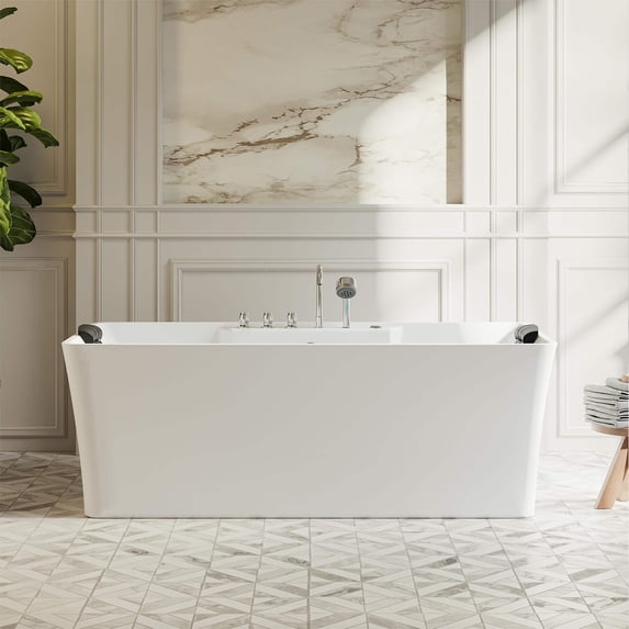 67-in L x 31.5-in W White Acrylic Center Drain Freestanding Whirlpool Tub with Faucet - Handshower - Headrest - 8 Water Jets