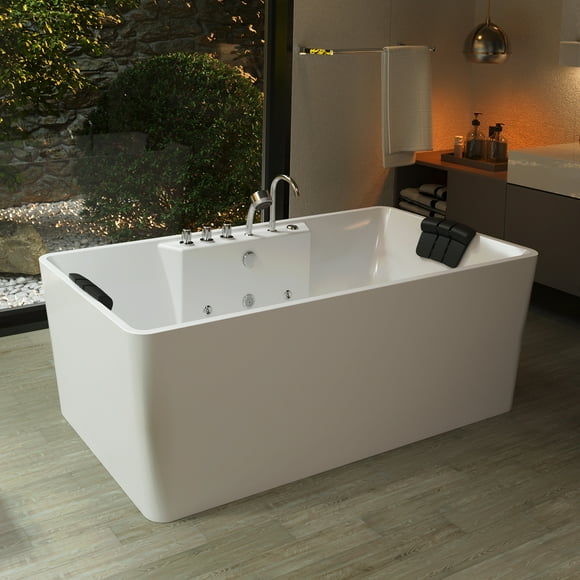 67-in L x 33.5-in W White Acrylic Center Drain Freestanding Whirlpool Tub with Faucet - Handshower - Headrest - 8 Water Jets