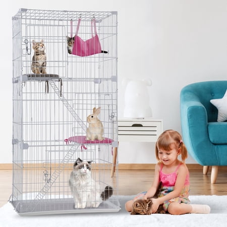 67 inch Cat Cage Cat Kennel Large Cat Playpen for Indoor Cats with Free Hammock 3 Cat Bed 3 Front Doors 2 Ramp Ladders Perching Shelves, White