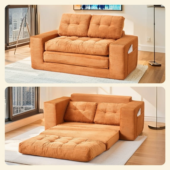 67 inch Corduroy Loveseat Sofa Bed with Memory Foam & Steel Frame - No Assembly 2-in-1Convertible Couch for Small Spaces & Home Office,Orange