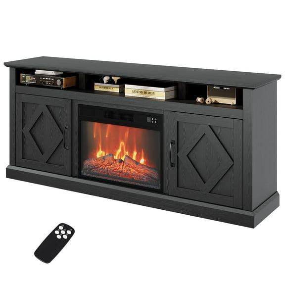 67-inch Farmhouse Media Console with Electric Fireplace, Rustic TV Stand for 80-inch TVs, Highboy Entertainment Center with Adjustable Heater and Side Storage Cabinets