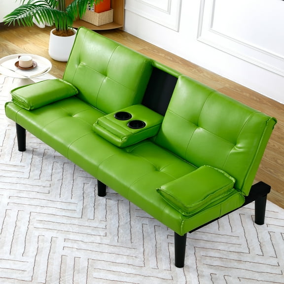 67 inch Futon Sofa Bed Faux Leather Couch Modern Convertible Folding Recliner with 2 Cup Holders for Living Room,Bedroom,Green
