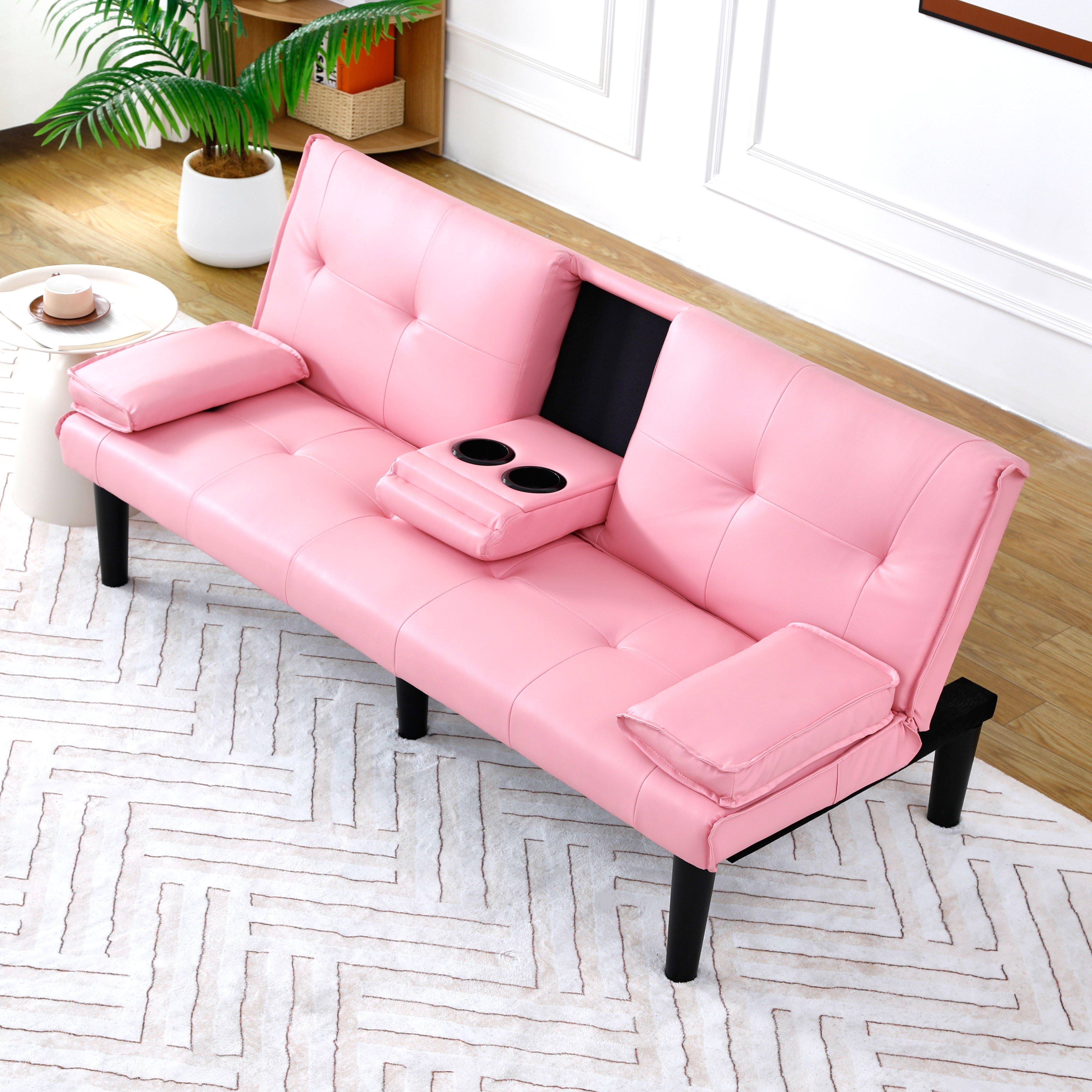 67 inch Futon Sofa Bed Faux Leather Couch Modern Convertible Folding Recliner with 2 Cup Holders for Living Room,Bedroom,Pink