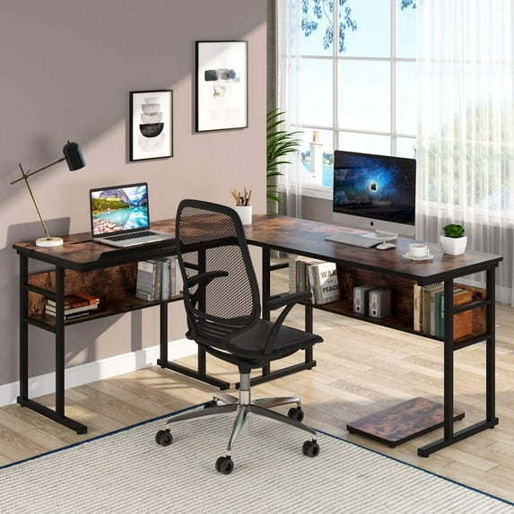 67 inch L-Shaped Desk with Storage Shelves, Double Corner Computer Desk with Bookshelf, Modern Office Desk Workstation Drawing Drafting Table with Tiltable Tabletop for Home Office (Rustic Brown)