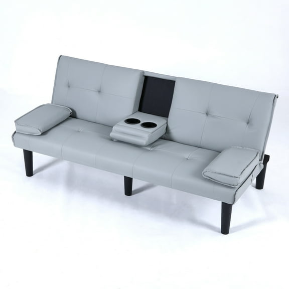 67-inch PVC Multi-Functional Sofa Bed, Foldable 2-Seater with Cup Holder, Space-Saving Sleeper for Living Room, Guest Room, and Small Spaces, Light Grey