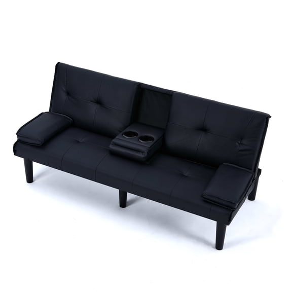 67-inch PVC Multi-Functional Sofa Bed, Foldable 2-Seater with Cup Holder, Space-Saving Sleeper for Living Room, Guest Room, and Small Spaces, Black