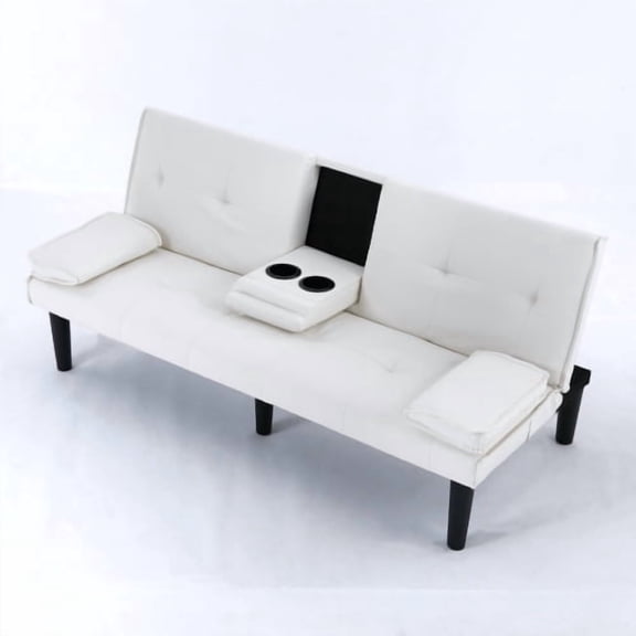 67-inch PVC Multi-Functional Sofa Bed, Foldable 2-Seater with Cup Holder, Space-Saving Sleeper for Living Room, Guest Room, and Small Spaces, White