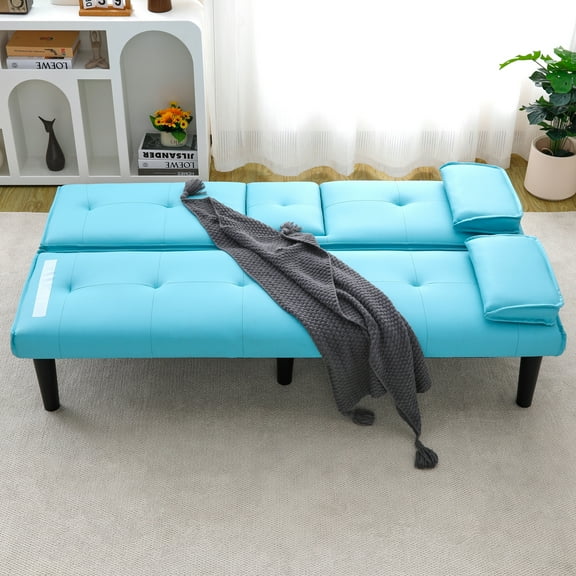 The 67-inch blue PVC multi-functional sofa bed, with a foldable and cup holder design, makes it extremely convenient to turn the living room into a guest room