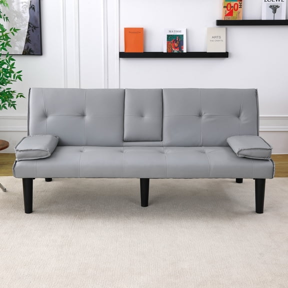 The 67-inch light gray PVC multi-functional sofa bed, with a foldable and cup holder design, makes it extremely convenient to turn the living room into a guest room