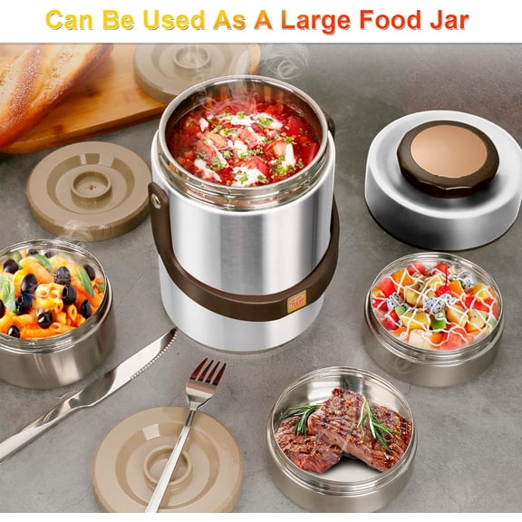 67 oz Adults Stainless Steel Vacuum Insulated Wide Mouth Soup Food Thermo Hot Food Jar with Keep Thermal Portable 3 Tier Stackable Bento Hot Food Containers Lunch Boxes (67 oz Silver)