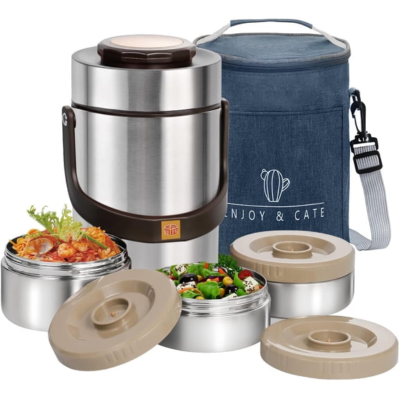 67 oz Adults Stainless Steel Vacuum Insulated Wide Mouth Soup Food Thermo Hot Food Jar with Keep Thermal Portable 3 Tier Stackable Bento Hot Food Containers Lunch Boxes (67 oz Silver)