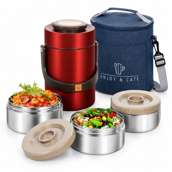 67 oz Red 3-layer Sealed Stackable Vacuum Insulated Food Storage Jar with Lunch Bag