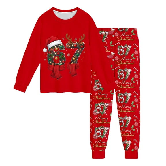 67 shirt B'oys Themed Long Sleeve Pajama Cozy Holiday Print Loungewear For K'ids Festive Nightwear Outfit Soft Blend Sleepwear Two Piece Pajamas For C'hildren Comfortable Homewear