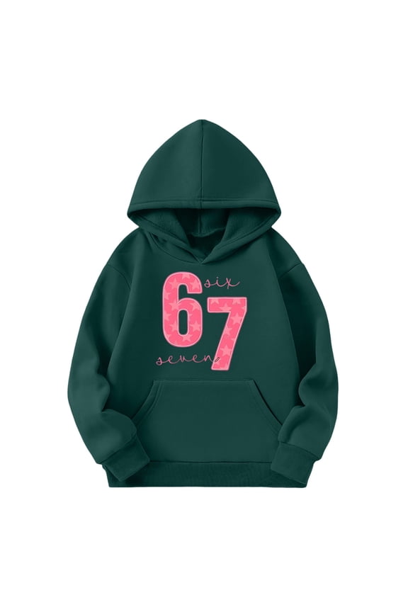 67 shirt G'irls Cartoon Print Hooded Sweatshirt Long Sleeve Pocket Pullover Outerwear Casual Athletic Hoodie For K'ids