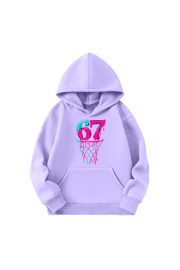 67 shirt G'irls Cartoon Print Hooded Sweatshirt Long Sleeve Pocket Pullover Soft Jacket Outerwear For K'ids