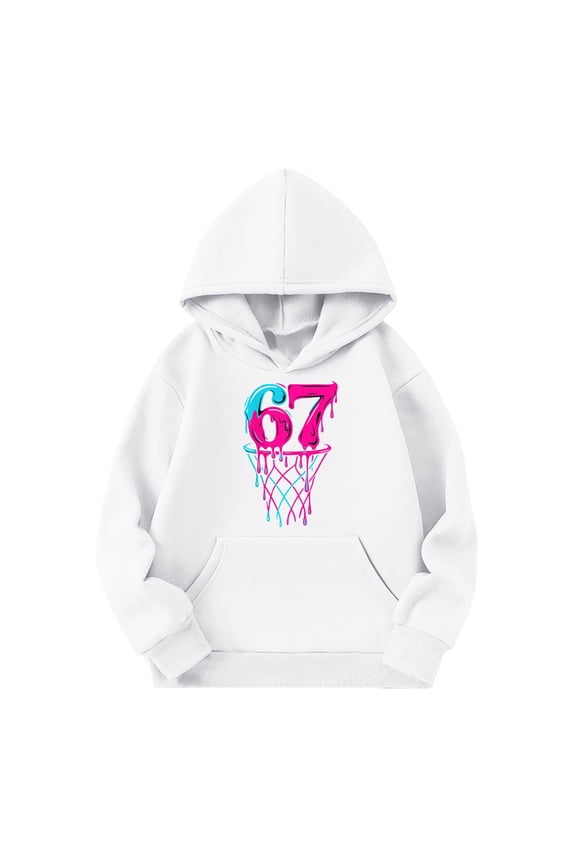 67 shirt G'irls Cartoon Print Hooded Sweatshirt Long Sleeve Pocket Pullover Soft Jacket Outerwear For K'ids