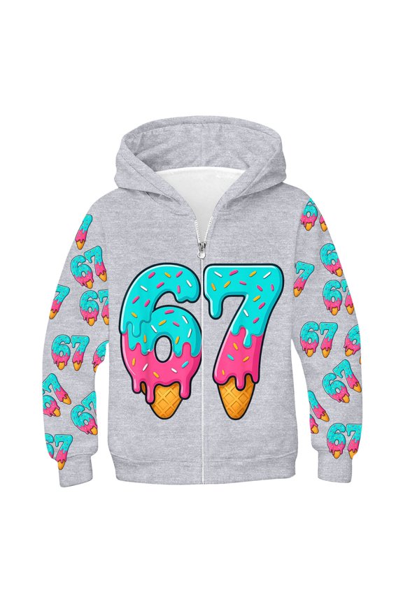 67 shirt G'irls Cartoon Print Hooded Zip Up Jacket Long Sleeve Athletic Outerwear For K'ids Casual Warm Lined Coat