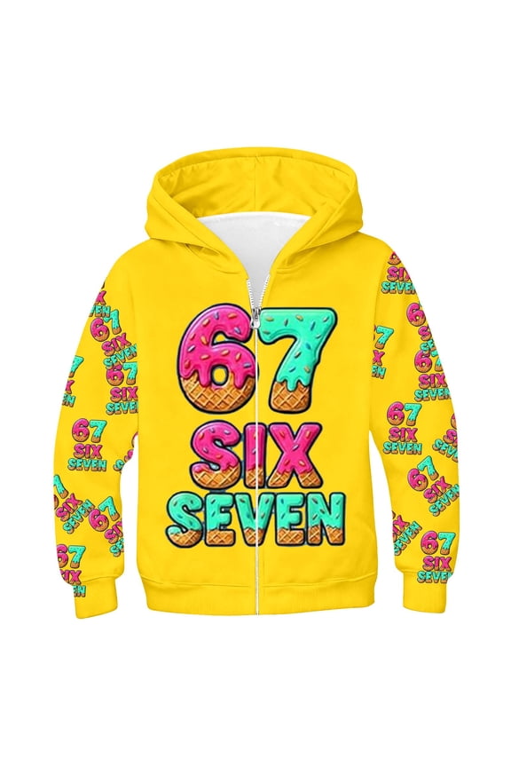 67 shirt G'irls Cartoon Print Hooded Zip Up Jacket Long Sleeve Athletic Sweatshirt Outerwear For K'ids Casual Play