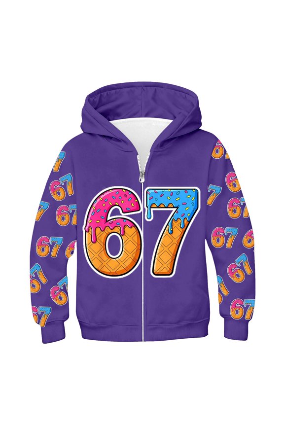 67 shirt G'irls Cartoon Print Zip Up Hooded Jacket Long Sleeve Athletic Outerwear Casual Animated Number Pullover Coat For K'ids