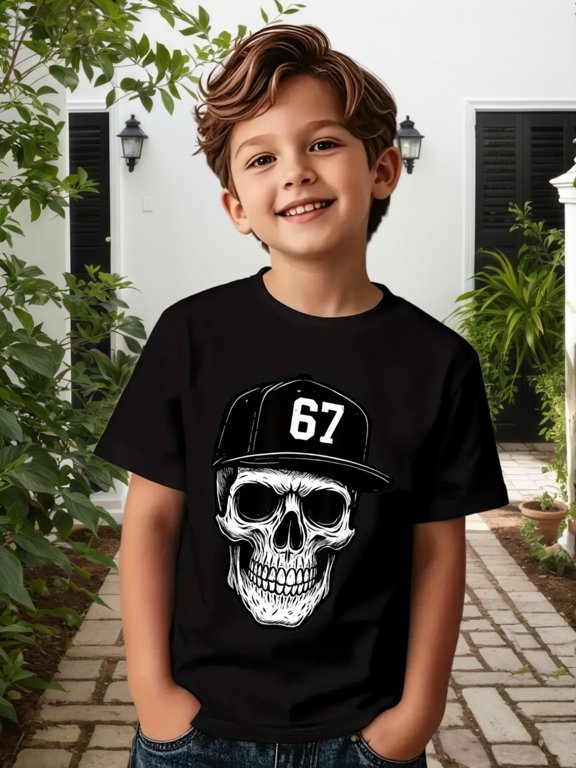67 skull 67 number pattern t shirt creative short sleeve round neck casual tee fun meme trendy print top for boys and girls suitable for halloween and casual wear
