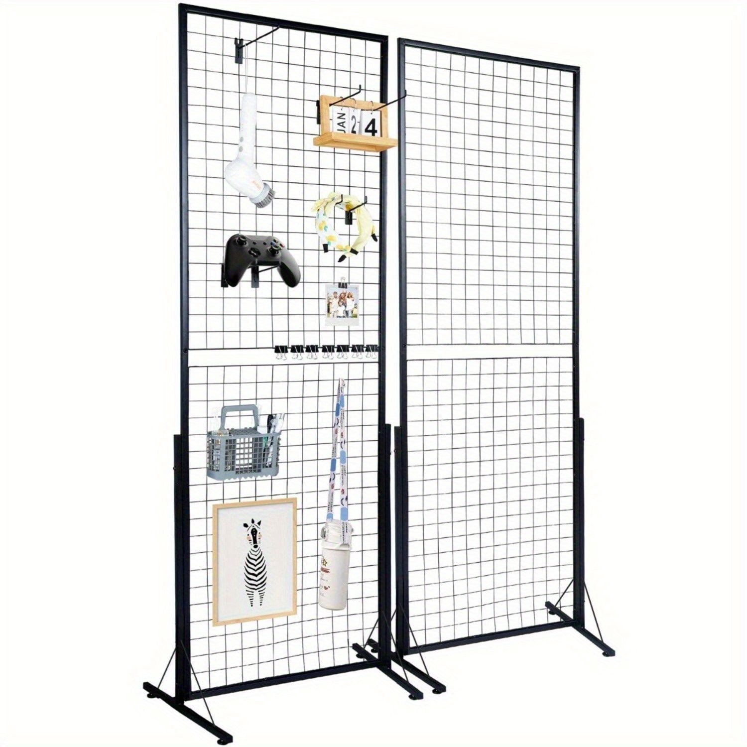 67 x 24 in Grid Wall Panels, 2 Packs Wire Gridwall Display Racks Tower with T-Base, Floorstanding Double Side Gridwall Panels, Retail Display with Extra Clips and Hooks for Art Craft Shows