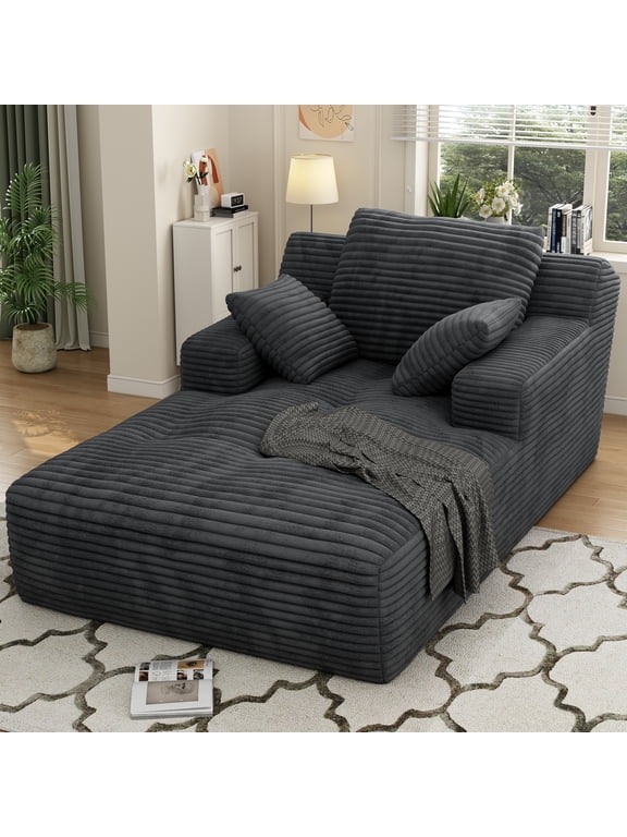 67'' Oversized Chaise Lounge Chair Indoor, Cloud Plush Corduroy Upholstered Sofa Bed, Modern Deep Seat Sofa with Back Cushion, Pillows, Cozy Sleeper Couch for Living Room, No Assembly Required, Grey