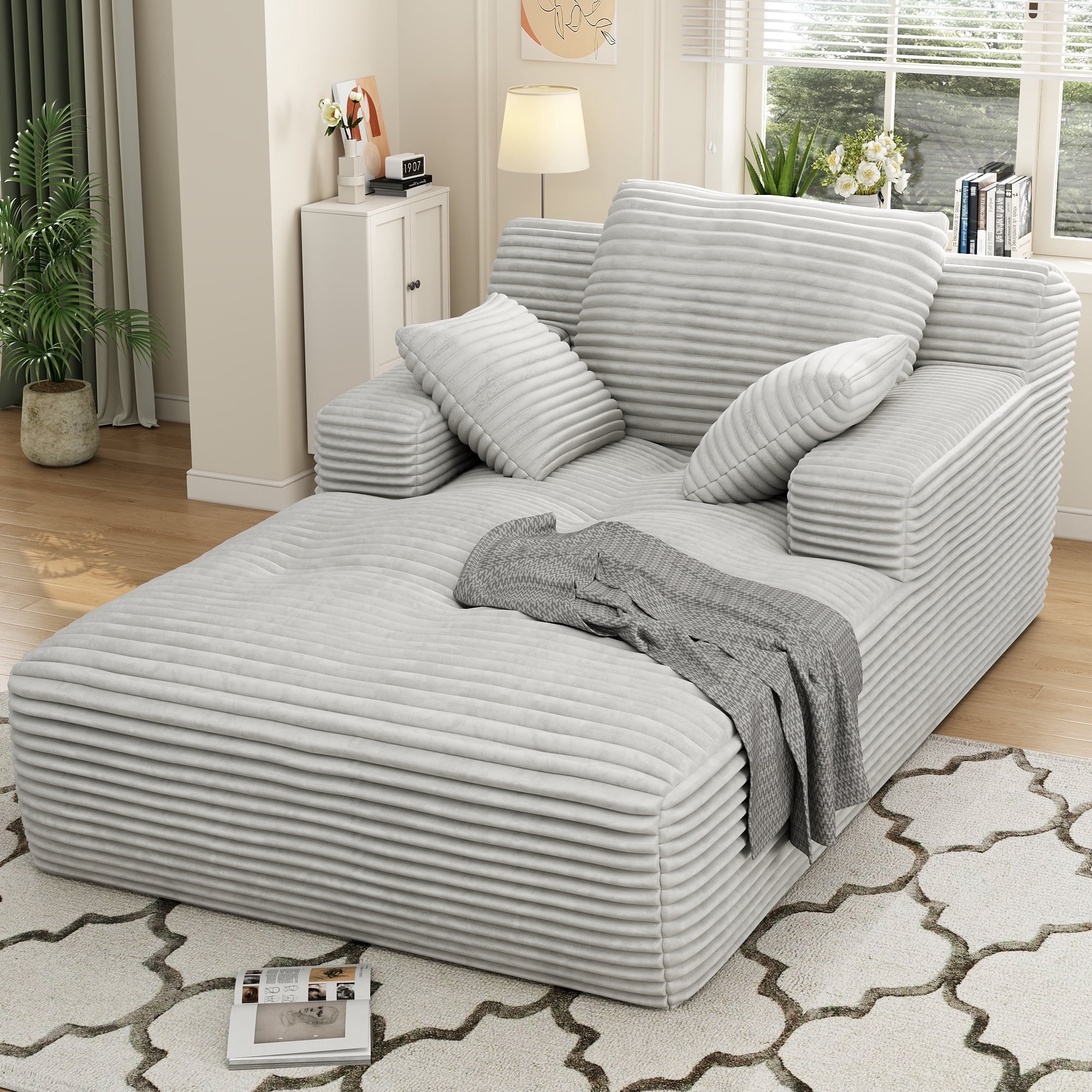 67'' Oversized Chaise Lounge Chair Indoor, Cloud Plush Corduroy Upholstered Sofa Bed, Modern Deep Seat Sofa with Back Cushion, Pillows, Cozy Sleeper Couch for Living Room, No Assembly Required, White