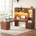 thumbnail image 1 of 67" x 65" L Shaped Computer Desk with 3 Drawers and Storage Cabinet, Fluted Corner Office Desk with Hutch and RGB LED Lights, 1 of 7