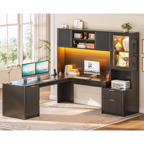 67" x 65" L Shaped Computer Desk with 3 Drawers and Storage Cabinet, Fluted Corner Office Desk with Hutch and RGB LED Lights