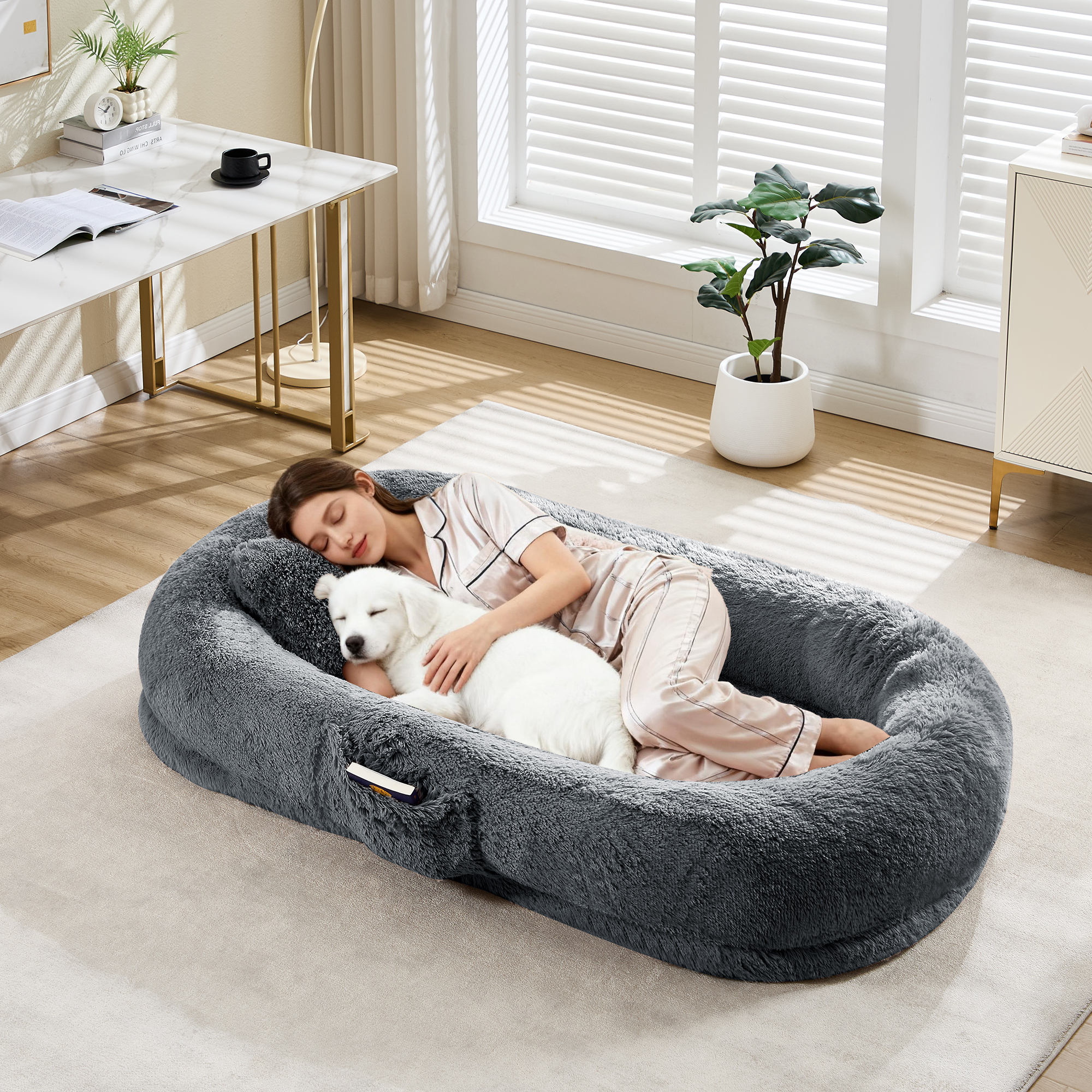 67"x43"x8" Human Dog Bed for Adult,Faux Fur Washable Human Dog Bed with Removable Pillow Portable Handle&Side Pocket,Egg Orthopedic Foam, Large Dog Beds for Bedroom Living Room