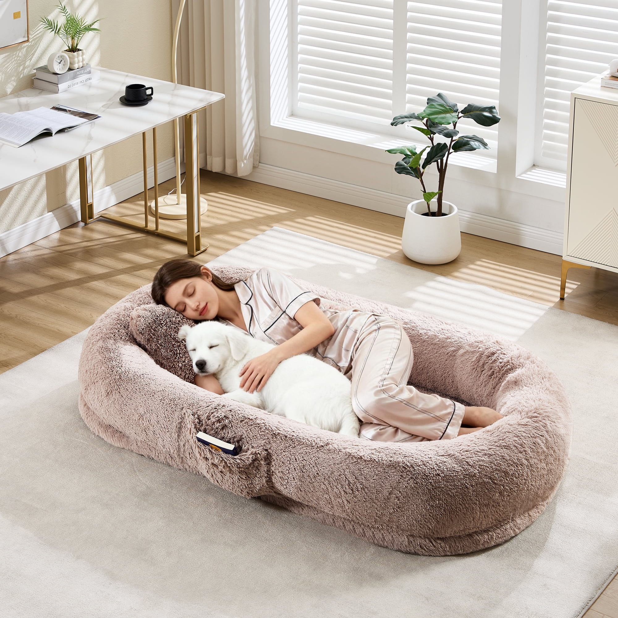 67"x43"x8" Human Dog Bed for Adult,Faux Fur Washable Human Dog Bed with Removable Pillow Portable Handle&Side Pocket,Egg Orthopedic Foam, Large Dog Beds for Bedroom Living Room