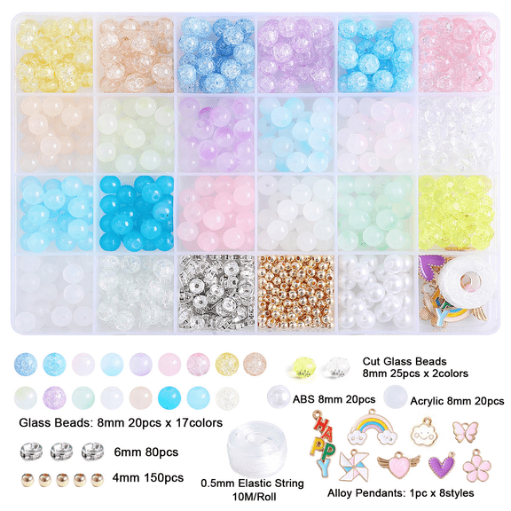 670 Pcs Colorful Assorted Glass Beads Kit for Jewelry Making, 8mm Cut Glass Beads with 17 Colors, 24-Grid Storage Box, Elastic String, Charms, for DIY Bracelet Crafting, Necklace Accessories