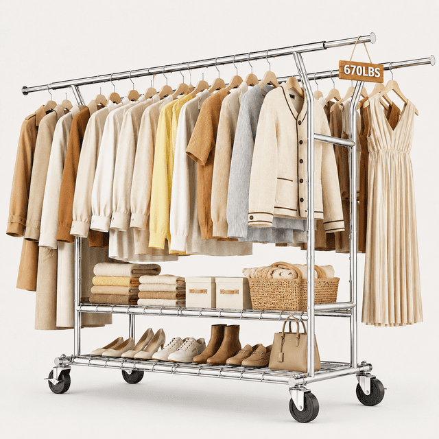 670 lbs Heavy Duty Clothes Rack with Wheels and Adjustable Double Rods ...