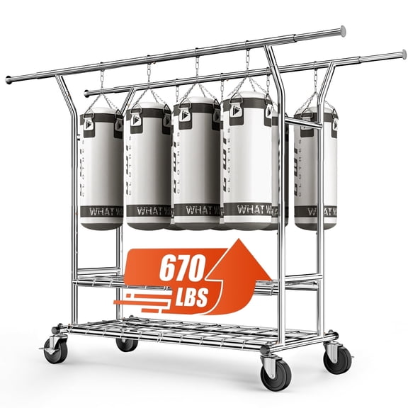 UNTIMATY 670 lbs Heavy Duty Clothing Garment Rack with Shelves and Double Rods, Adjustable Rolling Clothes Rack on Wheels, Portable Garment Rack for Closet Bedroom Storage, Silver