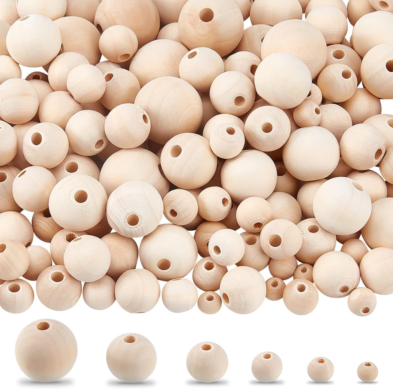 670pcs Wood Beads 7 Size Unfinished Wood Ball Natural Wooden Bead Loose Spacer Beads