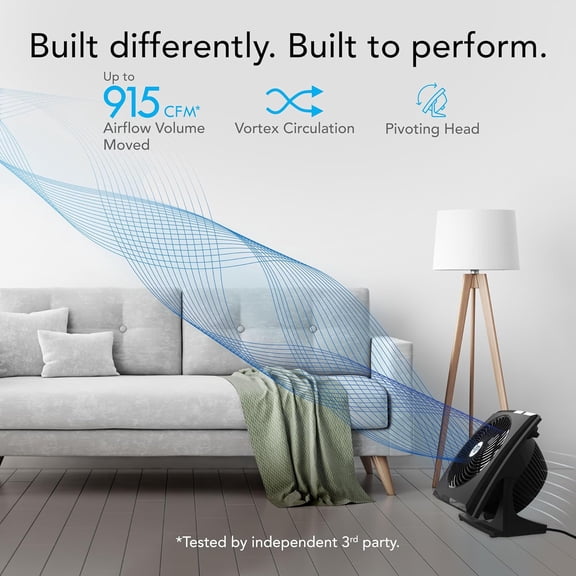 673T Whole Room Air Circulator Fan with Pivoting Head, 3 Speed Settings, Adjustable Tilt, Manual Control, Signature Vortex Action, Deep Pitched Fan Blades, Powerful Airflow, Black