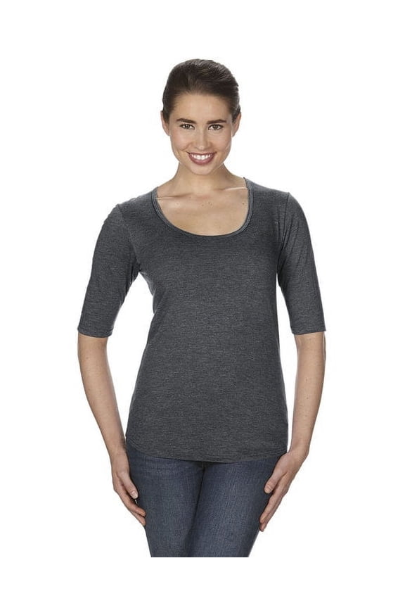 6756L Anvil Ladies Deep Scoop 1/2-Sleeve T-Shirt Heather Dark Grey XS