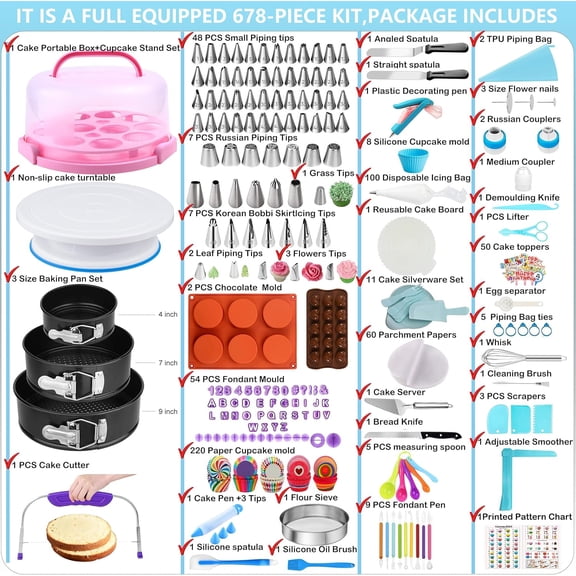 678-Piece Cake Decorating Kit with Carrier, Turntable & 74 Tips for Beginners