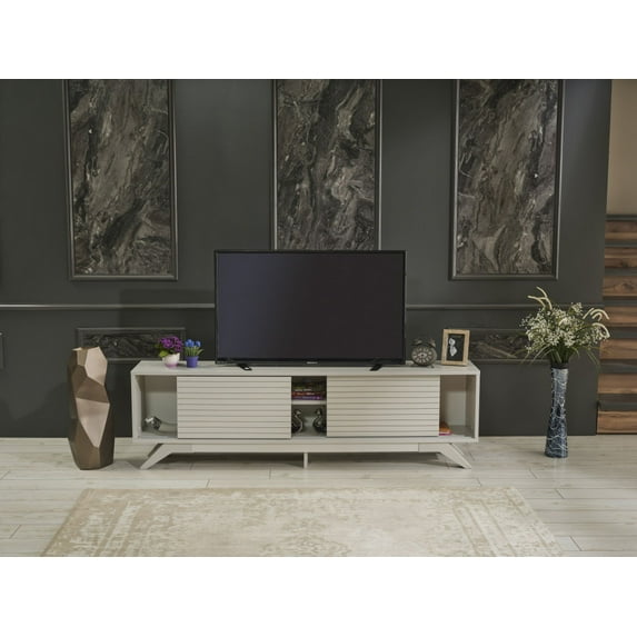 67Inch Mid Century Modern TV Stand with 2 Sliding Door Cabinet and 2 Shelves for Living Room and Bedroom, Grey