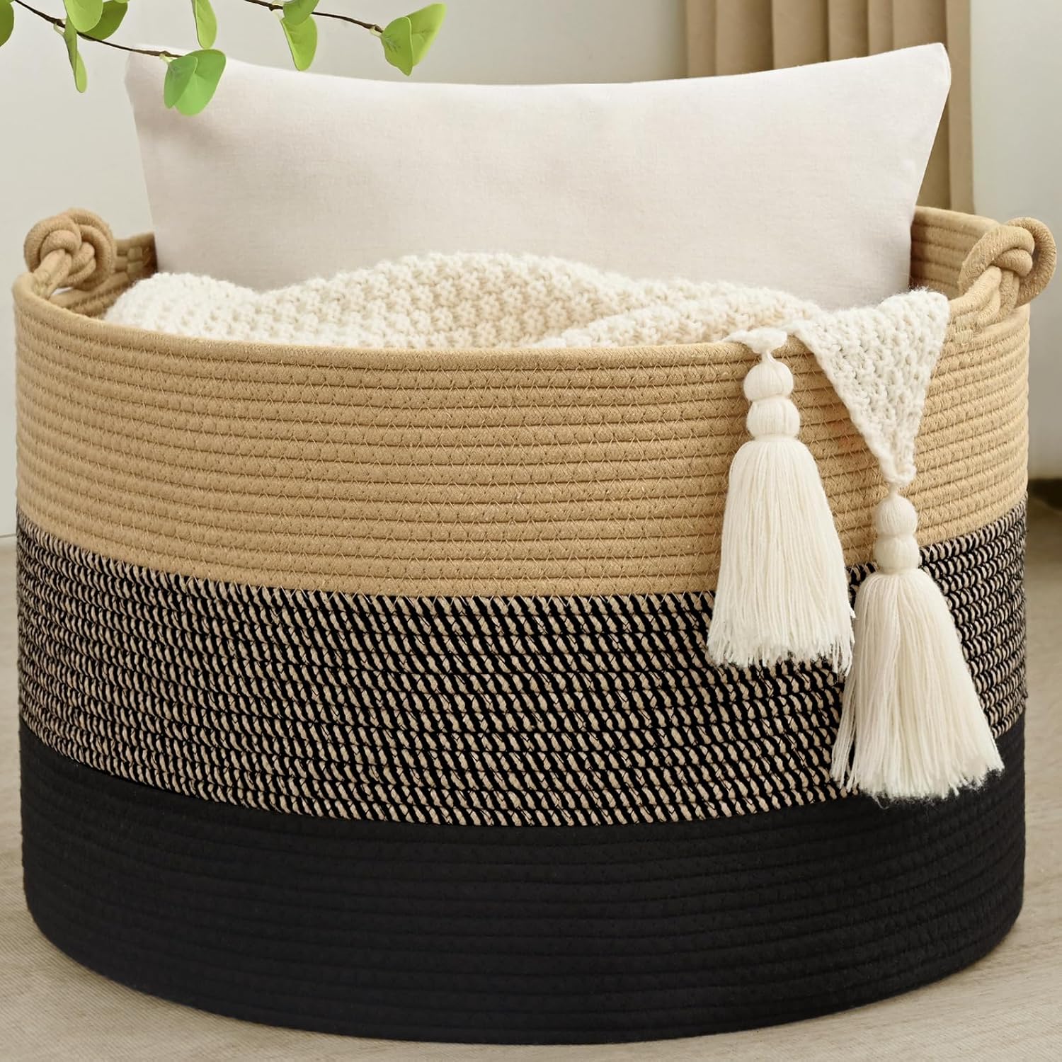 67L Large Blanket Basket, 20"x13" Woven Storage Baskets With Handle, Cotton Rope Blanket Basket Living Room, Baby Laundry hamper for Blanket, Nursery, Toy, Pillow (Brown & Black)