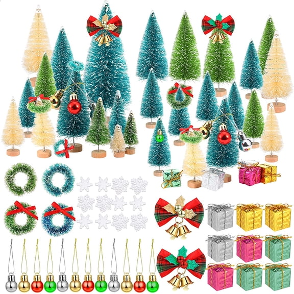 67PCS Sisal Frosted Christmas Trees Snowflake Bottle Brush Trees with Wood Base Mini Artificial Christmas Trees Set Tiny Christmas Balls Gift Box Wreath for Christmas Home DIY Decor Crafts