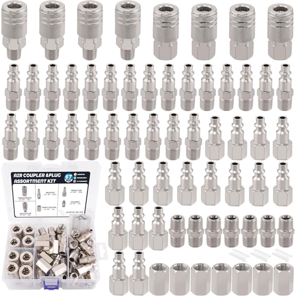 67Pcs Air Coupler and Plug Kit,1/4 Inch NPT Air Tool Fittings Set, Quick Connect Air Hose Fittings Air Compressor Accessories