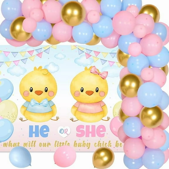 67Pcs Chicken Themed Gender Reveal Party decor He or She What Will Our Little Baby Chick Be Backdrop Balloon Garland Kit for Cute Chicken Theme Boy or Girl Party Baby Shower Chick Party Supplies