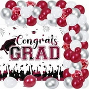 67Pcs Congrats Grad Decorations 2024, Burgundy Red Graduation Decor with Congrats Grad Backdrop Red Silver Confetti Balloon Garland Arch Kit for Class of 2024 Grad Prom Graduation Supplies