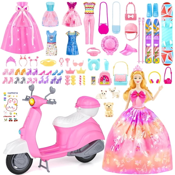67Pcs Doll Dress Up Playset with Doll, Motorcycle, Skiing & Pet Set, 6 Outfits, 10 Shoes, Gift for Girls