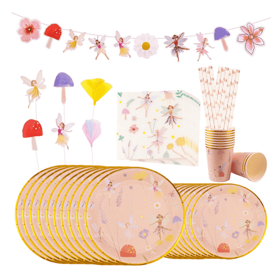 Dingrich 67-Piece Fairy Themed Disposable Tableware Set, Party Supplies with Floral Plates, Cups, Napkins, Cake Toppers, and Banners for Birthday Parties - Multicolor