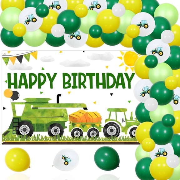 67Pcs Farm Tractor Theme Birthday Party Decorations Happy Birthday Photography Background Cloth Green Tractor Backdrop Foil Balloon Garland Arch Kit for Tractor Themed Kids Birthday Decor Supplies