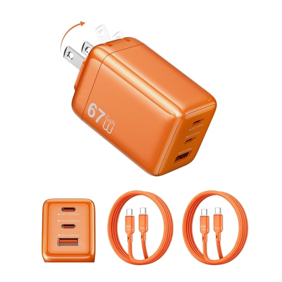 WiWU 67W GaN 3 Port USB C Wall Charger, PD Foldable Charger with 5ft 2 Cables, for iPhone iPad MacBook Air ThinkPad Dell XPS, Orange