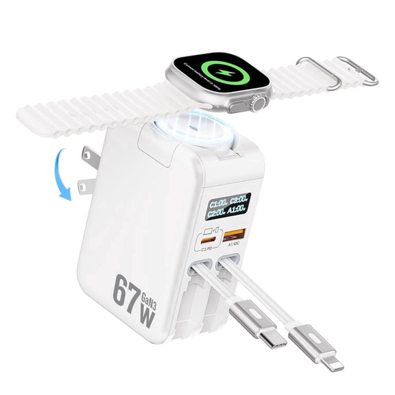 Jasput 67W Retractable Phone Charger Wall Plug,5 in 1 Retractable Wall Charger with Watch Chargers&USB C&USB A Port,PD Fast Charging Block for Watch,for Phone17 16 15 14 13,Galaxy25 24