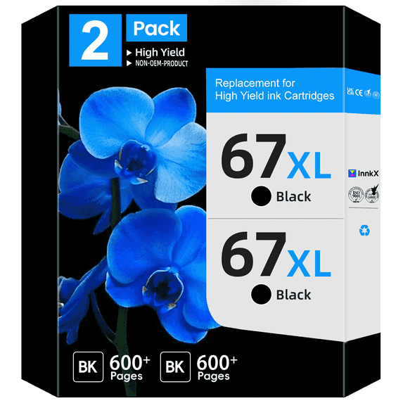 67XL Ink Cartridge Compatible for HP 67 printer ink for HP 67xl black ink cartridge,2 Black Pack